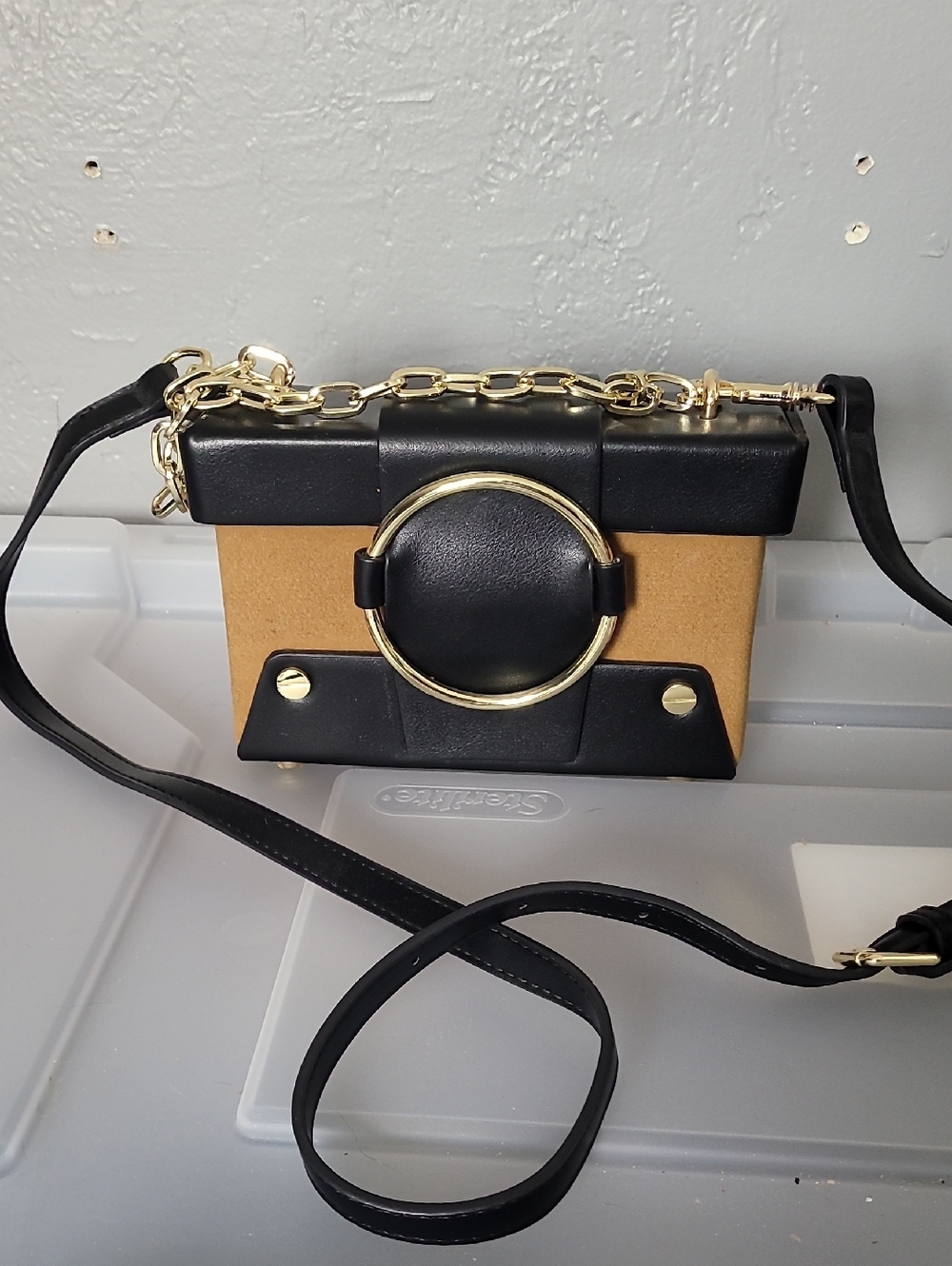 Black & Tan Crossbody Bag with Gold Ring Accent